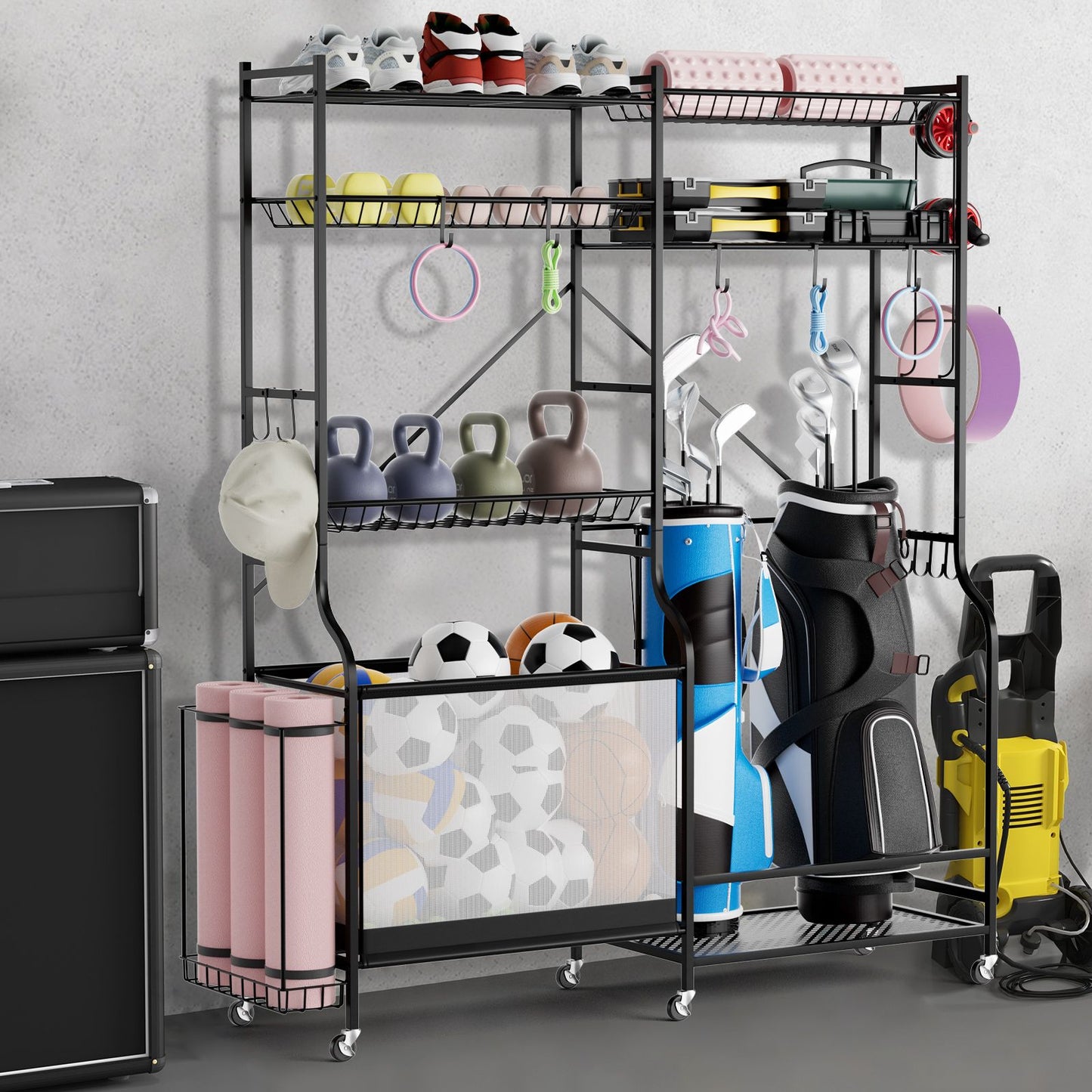 Sports Equipment Organizer Metal Ball Storage Rack with Adjustable Shelves