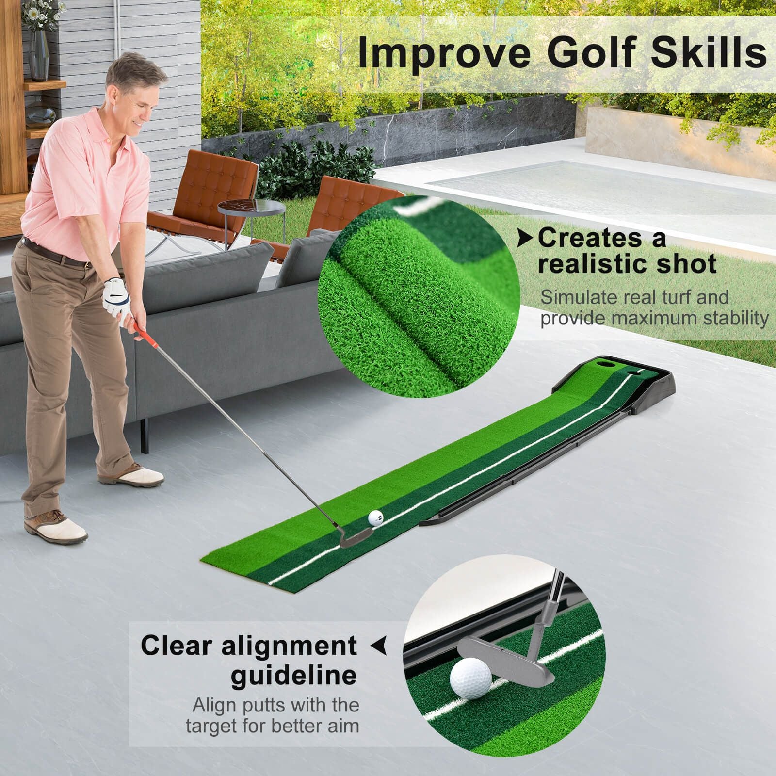 Putting Golf Practice Turf with Auto Ball Return Track 250 CM 